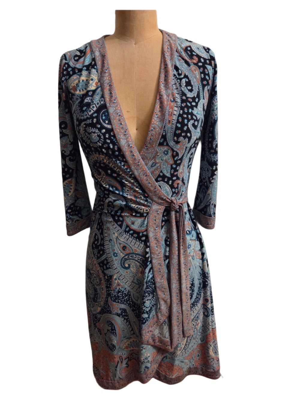 BCBGMaxAzria Navy Blue and Coral Paisley Wrap Dress